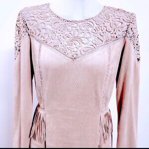 Gianni Bini Vintage 80’s Suede Fringe Cut Out Lace Peplum Designer Tags Dress 8